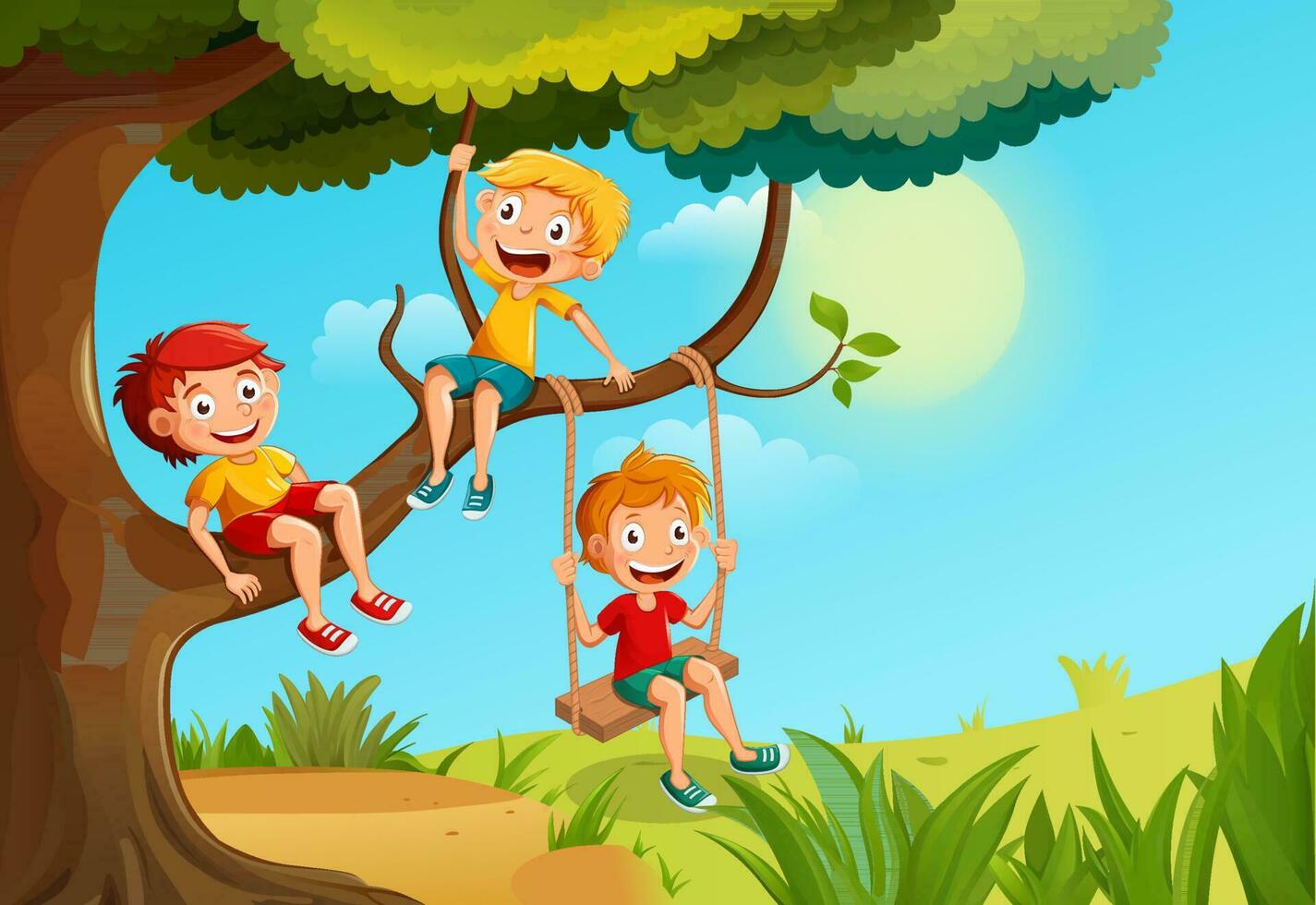 Kinder spielen auf ein Baum im das Park. wenig Jungs hängen auf Baum Geäst und auf ein schwingen. bunt Karikatur Zeichen vektor