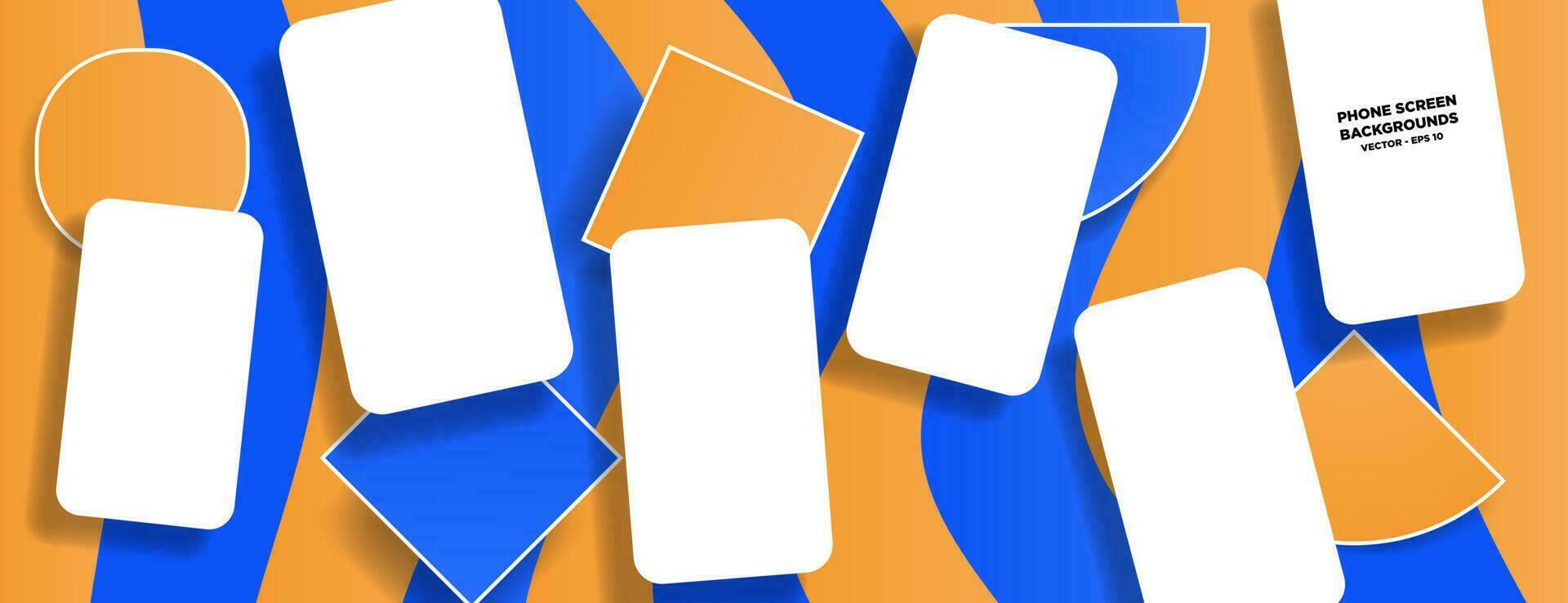 editierbar 3d Telefon Bildschirm spotten oben Collage auf bunt Orange und Blau Hintergrund mit geometrisch gestalten Entwürfe. Spaß und bunt Montage mit Handy geformt Rahmen. editierbar Vektor Illustration.