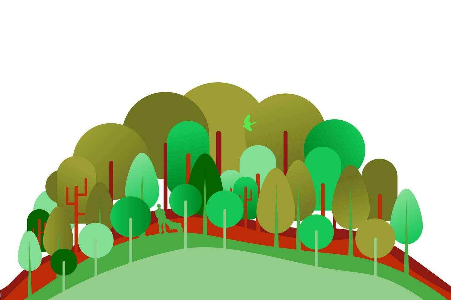 süß illustriert Wald isoliert auf Weiß Hintergrund. geometrisch Bäume auf Hügel mit fliegend Vögel. Vektor Illustration. eps 10