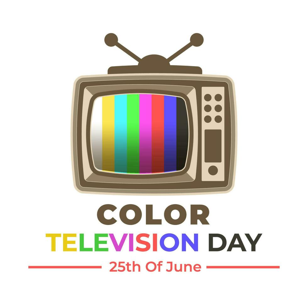 Farbe Fernseher Tag 25 Juni Gruß Karte mit Jahrgang Fernsehen bunt auf Bildschirm und Gruß Text vektor