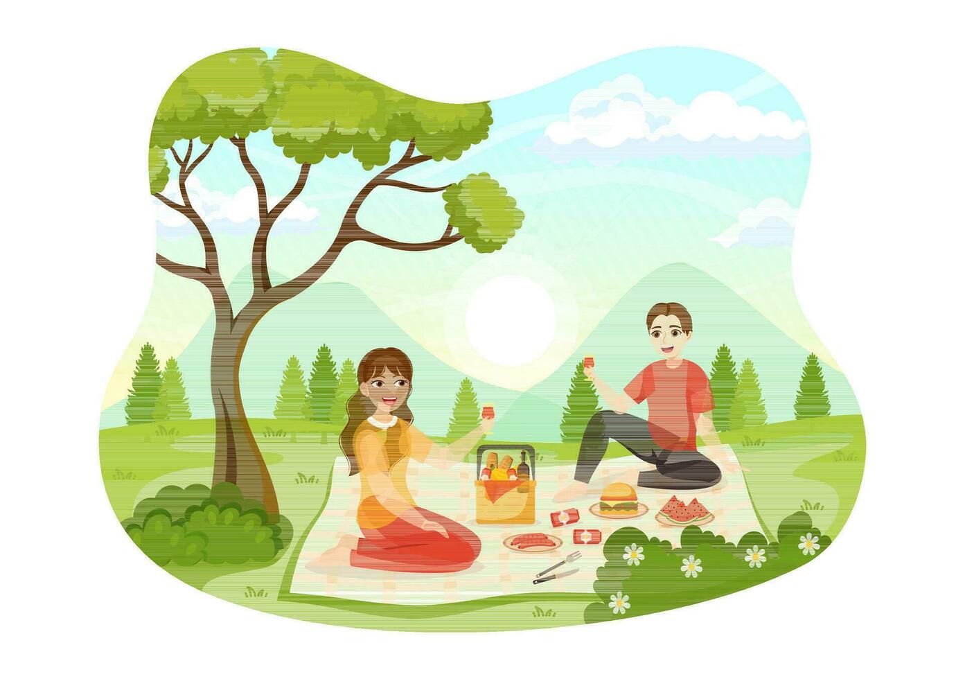 Picknick draußen Vektor Illustration von Menschen Sitzung auf ein Grün Gras im Natur auf Sommer- Urlaub Urlaube im eben Karikatur Hand gezeichnet Vorlagen