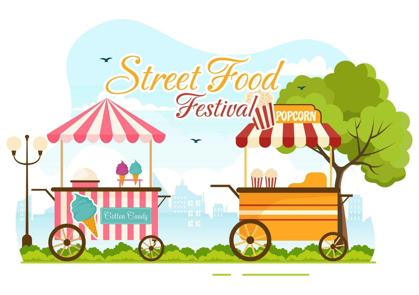 gata mat festival händelse vektor illustration med människor och livsmedel lastbilar i sommar utomhus- stad parkera i platt tecknad serie hand dragen mallar