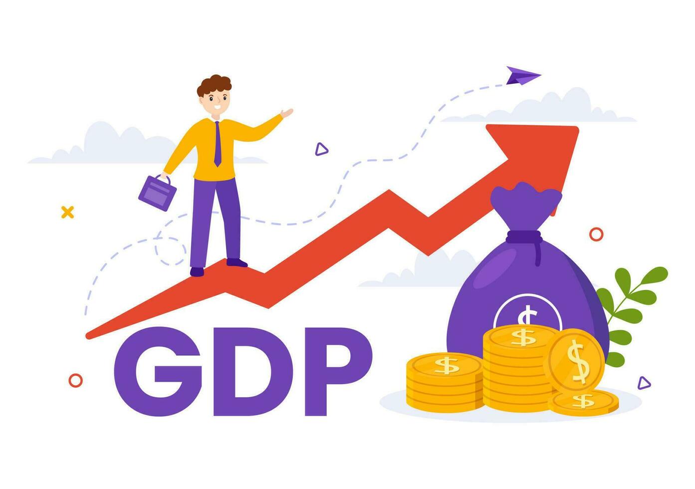 gdp oder brutto inländisch Produkt Vektor Illustration mit wirtschaftlich Wachstum Säule und Markt Produktivität Diagramm im eben Karikatur Hand gezeichnet Vorlagen