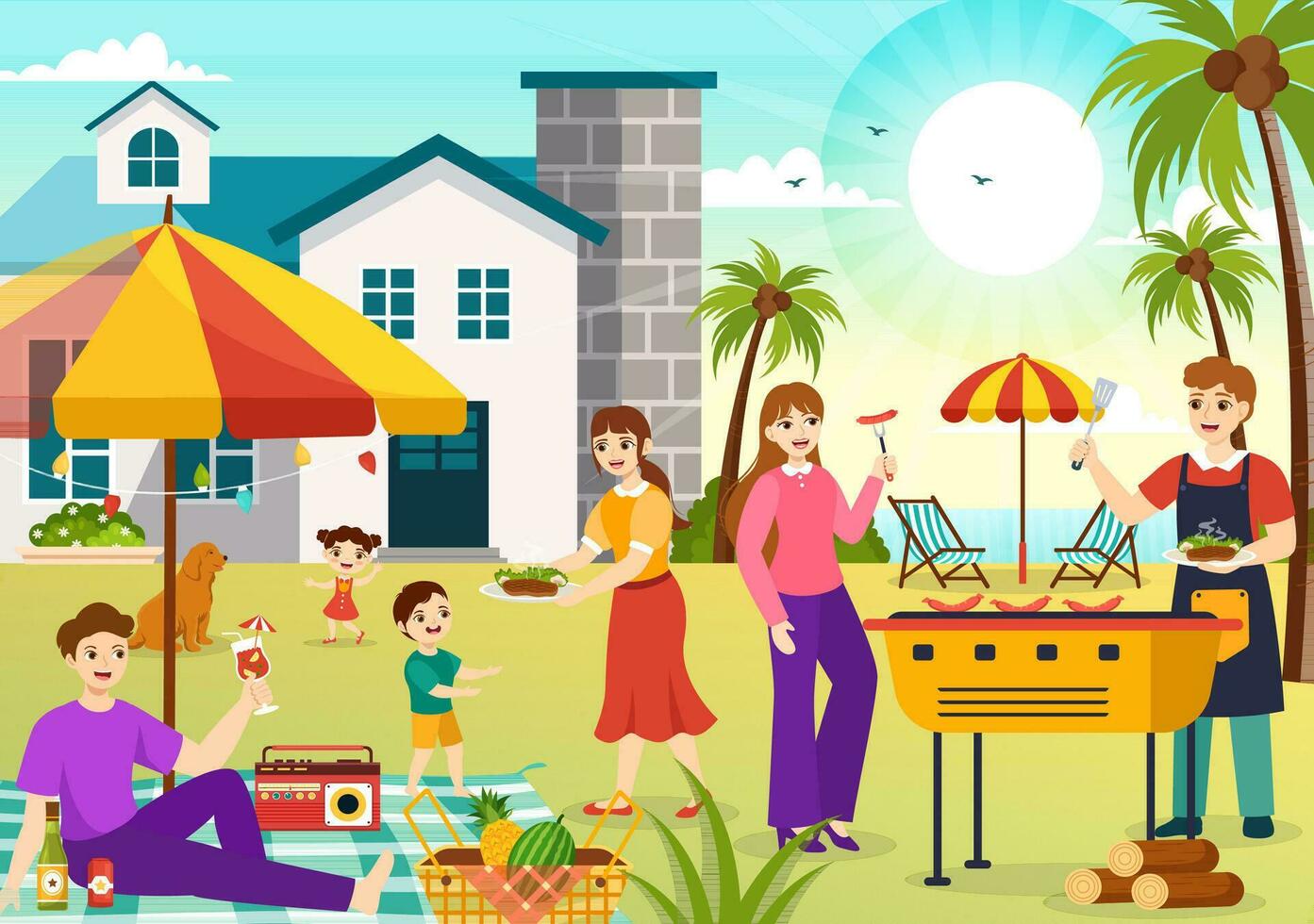 Grill und Grill einstellen Vektor Illustration Kinder Grillen oder Grill Party Essen beim Park im Festival und Sommer- Kochen Karikatur Hand gezeichnet Vorlagen