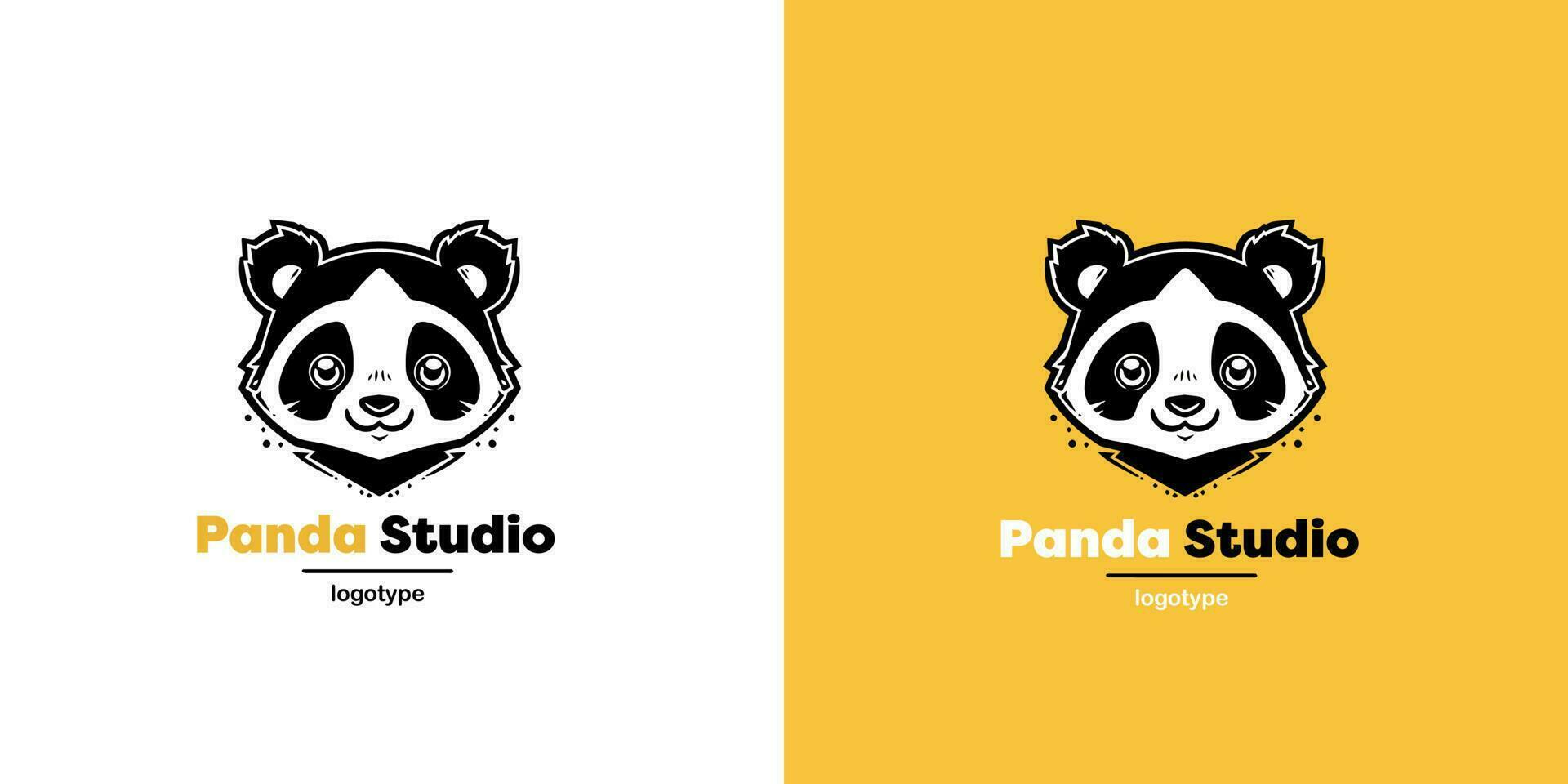 Panda Vektor Logo Illustration auf Gelb und Weiß Hintergrund. Pandas Kopf Logotyp. süß Tier Gesicht Zeichen Design Vorlage