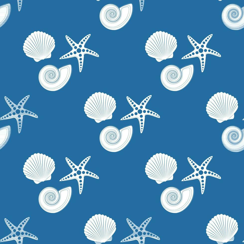 Vektor nahtlos Muster auf ein Blau Hintergrund. Muscheln und ein Seestern im das Karikatur Stil. Sommer, Strand.
