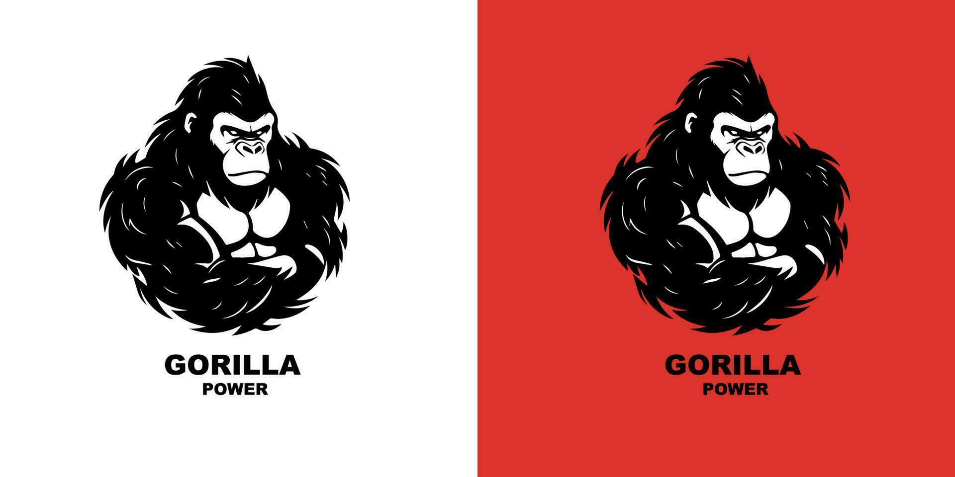 Gorilla Leistung Logo Vektor Illustration auf rot und Weiß Hintergrund. Logo Zeichen Design Vorlage