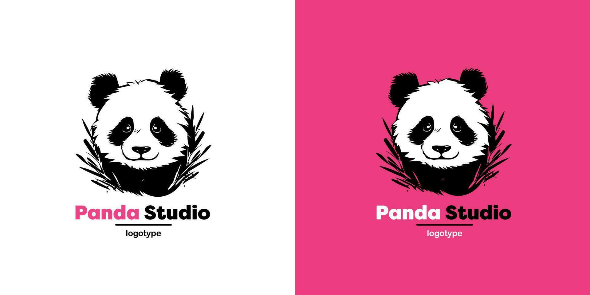 Panda Vektor Logo Illustration auf Rosa und Weiß Hintergrund. Pandas Kopf Logotyp. süß Tier Gesicht Zeichen Design Vorlage