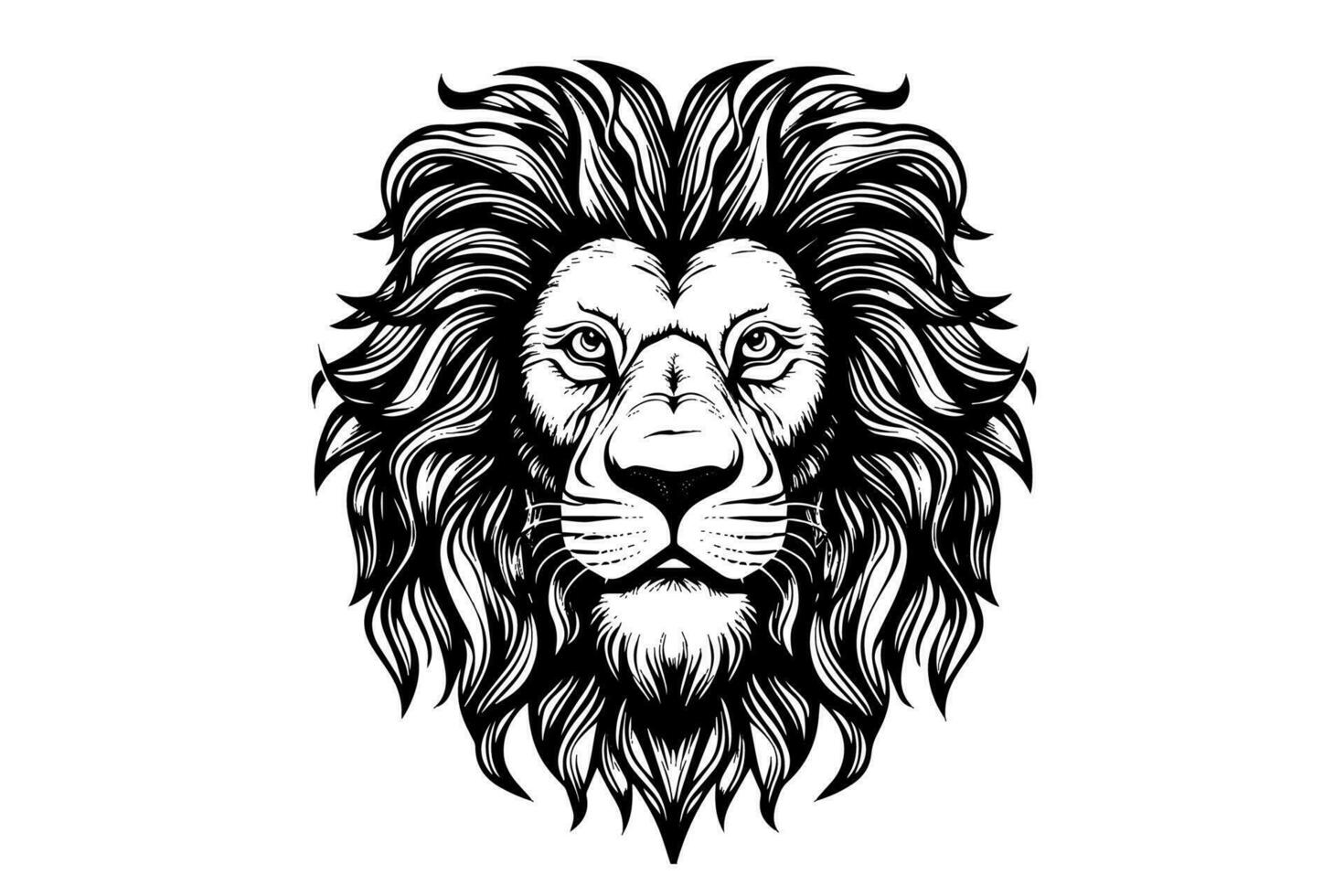 das Löwe Kopf Hand zeichnen Jahrgang Gravur schwarz und Weiß Vektor Illustration auf ein Weiß Hintergrund.