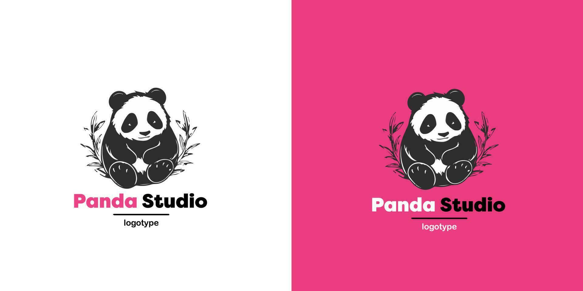 Panda Vektor Logo Illustration auf Rosa und Weiß Hintergrund. Pandas Kopf Logotyp. süß Tier Gesicht Zeichen Design Vorlage