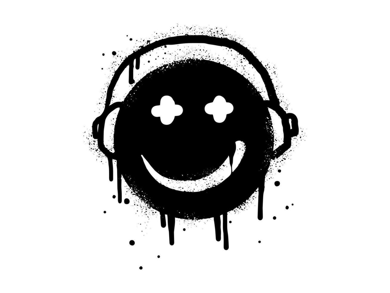 lächelnd Gesicht Emoticon Charakter mit Kopfhörer. sprühen gemalt Graffiti Lächeln Gesicht im schwarz Über Weiß. isoliert auf Weiß Hintergrund. Vektor Illustration