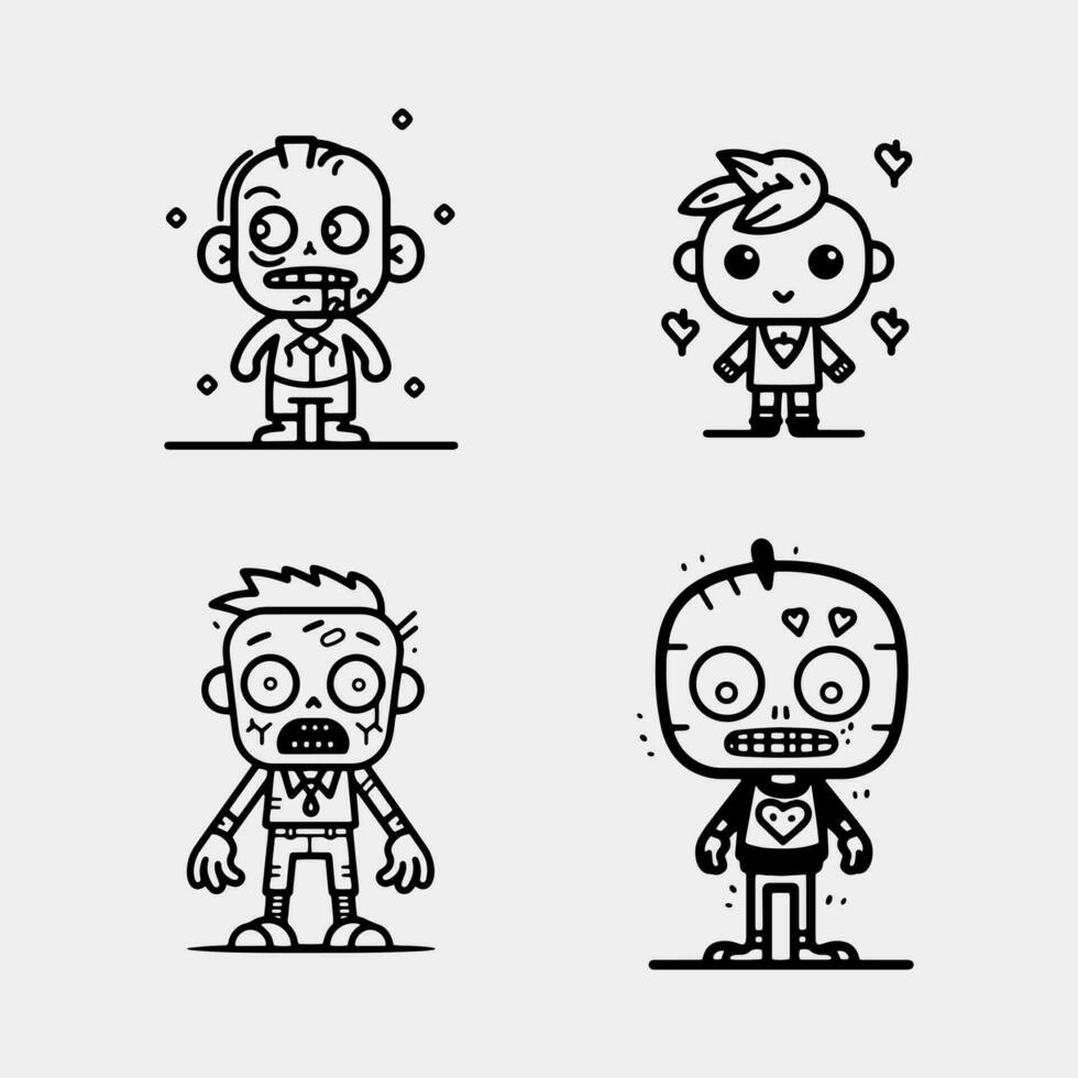 einstellen von süß wenig Zombies isoliert auf Weiß Hintergrund. Zombie Männer und Frauen im Karikatur Stil. Vektor Illustration