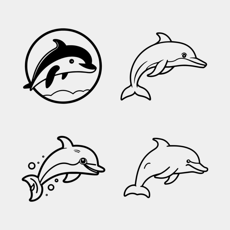 uppsättning av delfiner grafisk ikoner uppsättning. tecken simning delfiner isolerat på vit bakgrund vektor