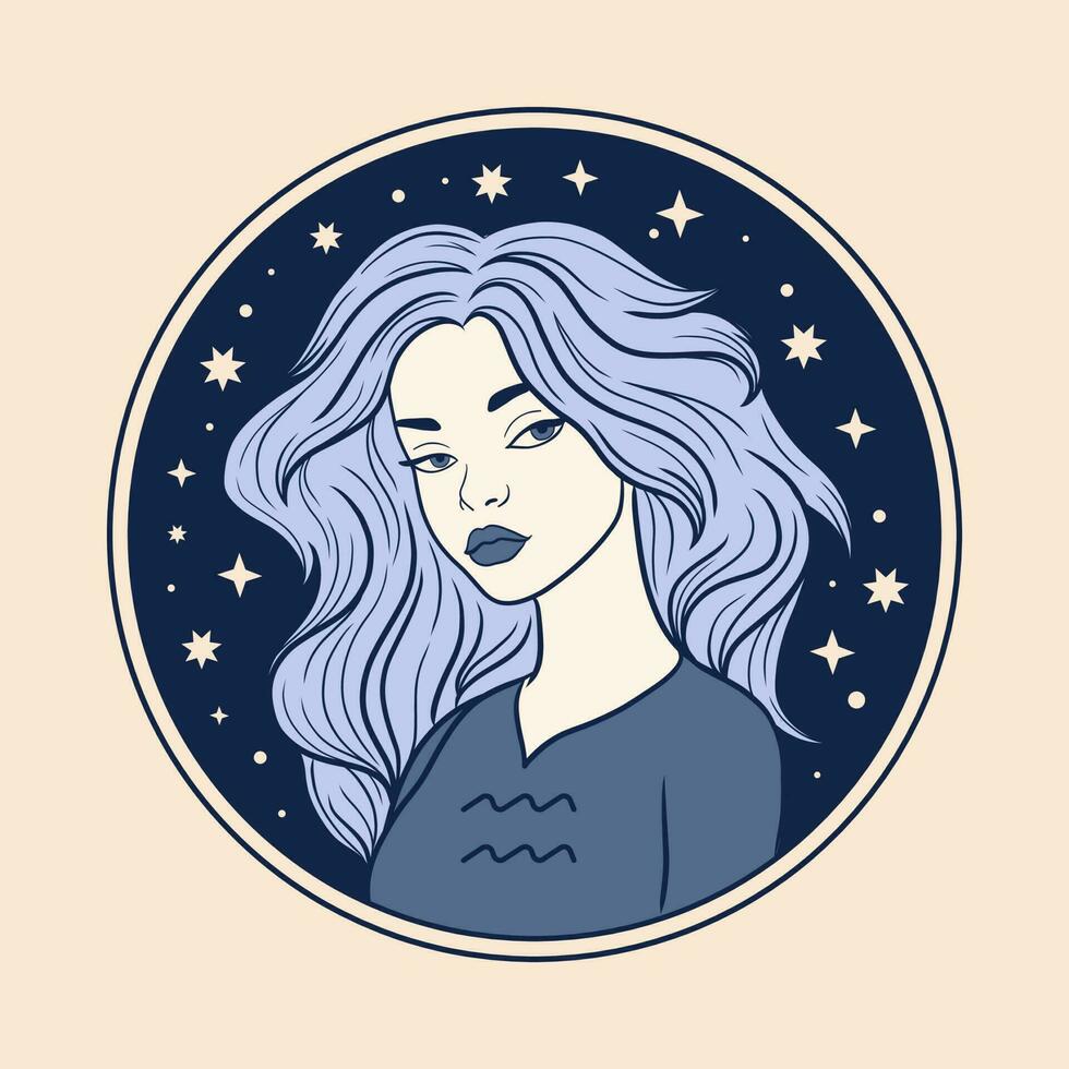 aquarius kvinna zodiaken tecken, skön flicka ansikte, horoskop symbol vektor