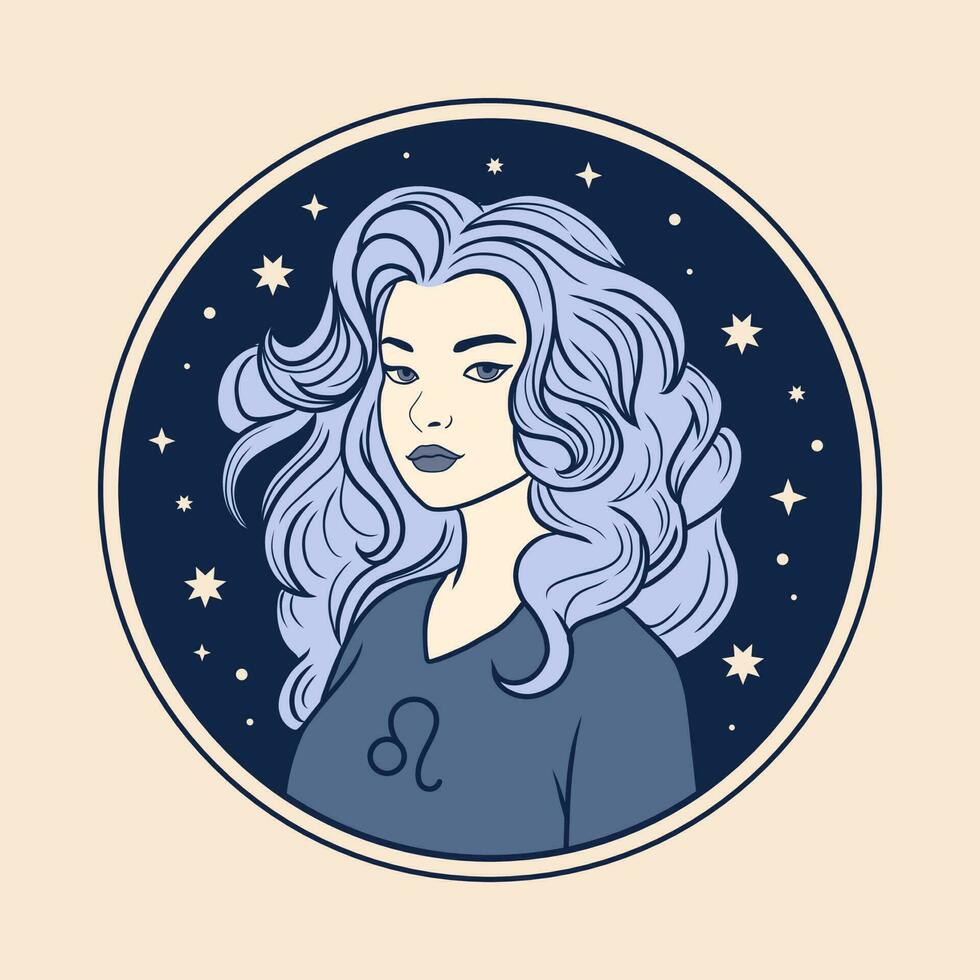 leo kvinna zodiaken tecken, skön flicka ansikte, horoskop symbol vektor