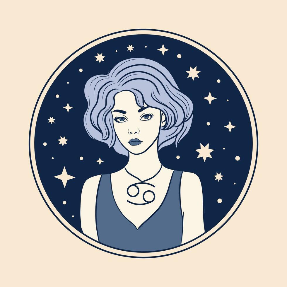 cancer kvinna zodiaken tecken, skön flicka ansikte, horoskop symbol vektor