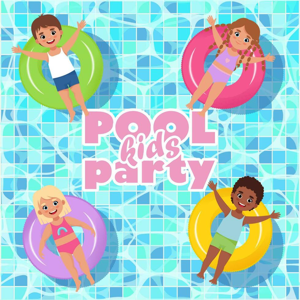 Kinder Schwimmbad Party Post mit glücklich Kinder Schwimmen auf das Gummi Ring. Vektor Illustration im Karikatur eben Stil