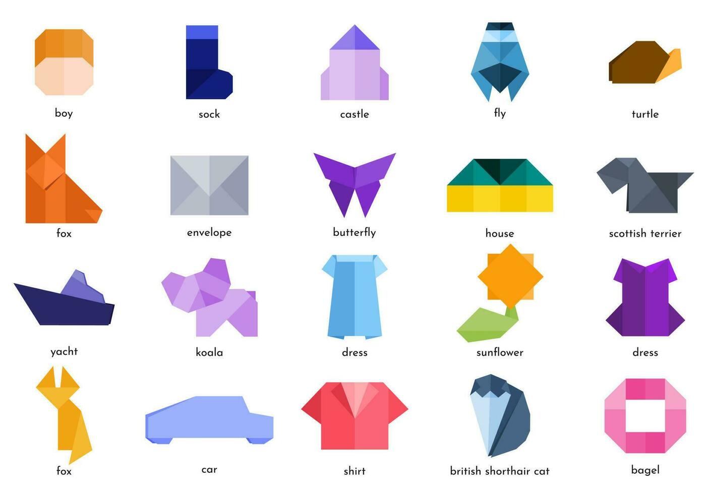 Sammlung von verschiedene Origami Tiere, Insekten, Objekte mit beschwingt Farben. Vektor Illustration. isoliert Origami Symbole.