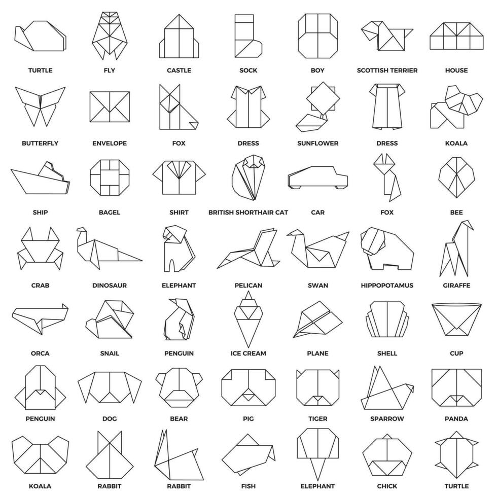 einstellen von isoliert Tiere, Insekten, Vögel und Objekte im eben Stil. Gliederung Origami Logo, Symbole auf Weiß Hintergrund. Vektor Illustration