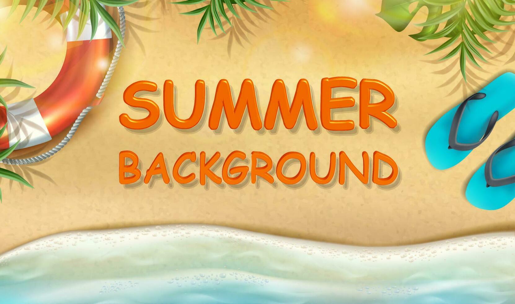 Vektor Sommer- Banner mit Sand mit Sonnenstrahlen und tropisch Blätter, Hausschuhe und aufblasbar Ring.