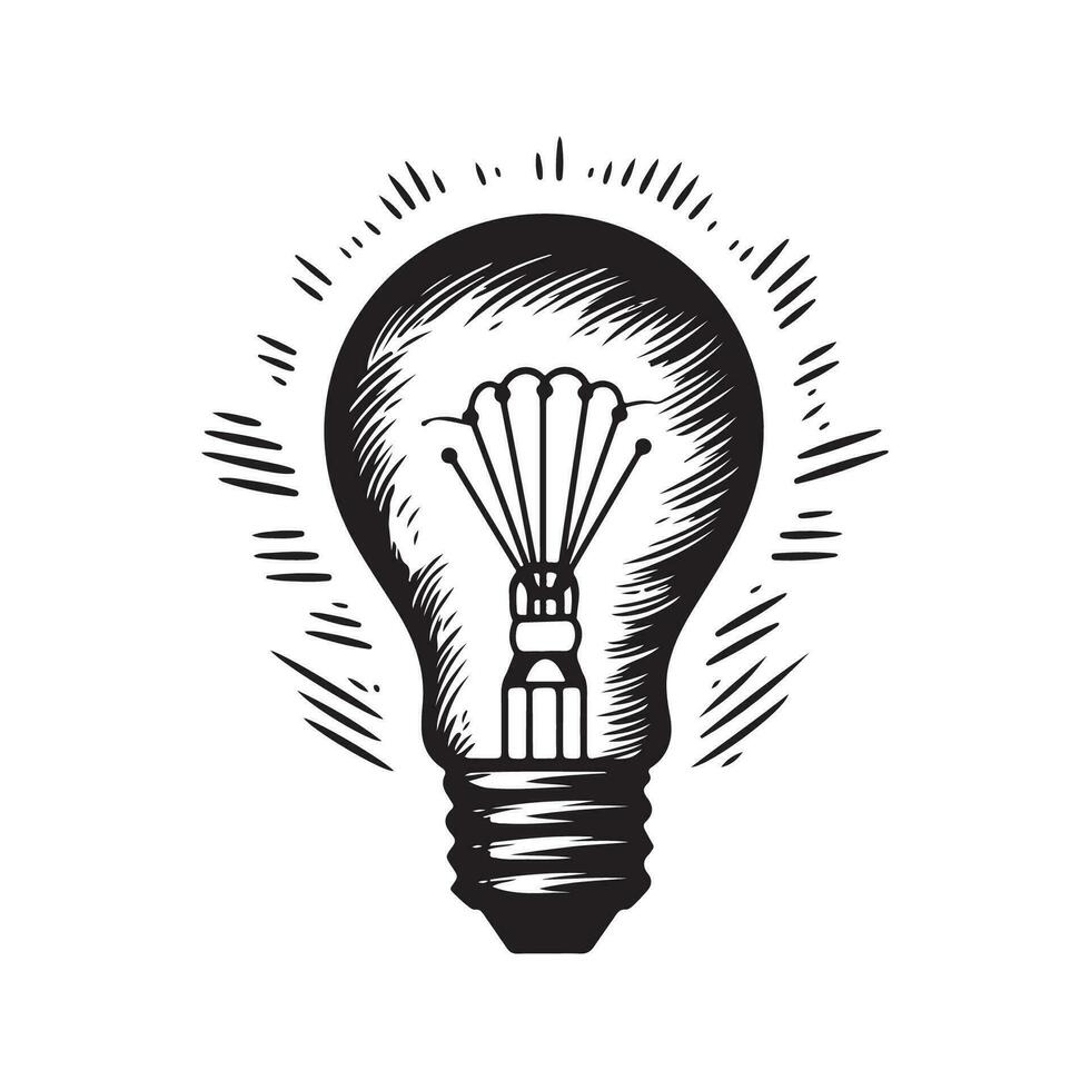 ljus Glödlampa, årgång logotyp linje konst begrepp svart och vit Färg, hand dragen illustration vektor