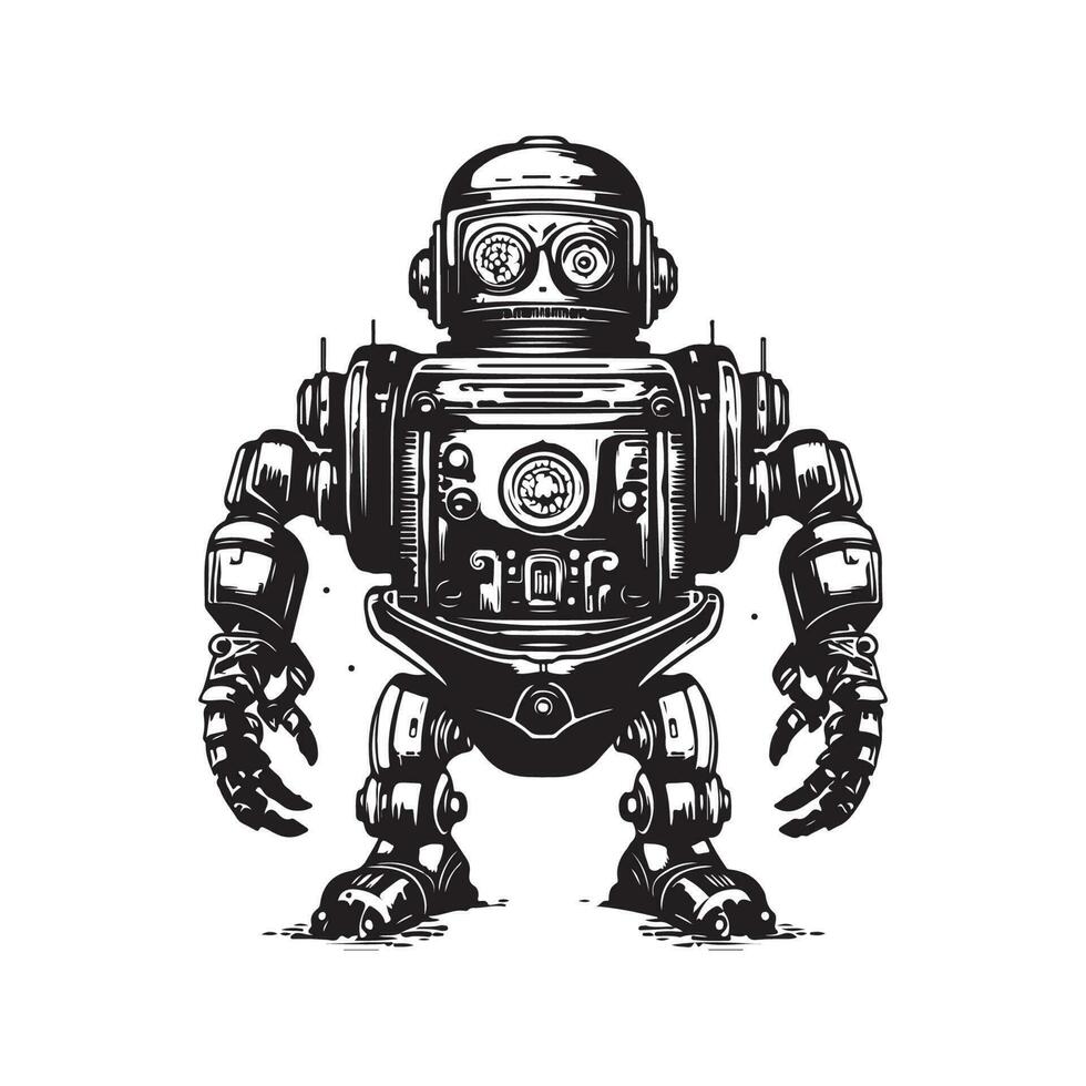 trogen robot, årgång logotyp linje konst begrepp svart och vit Färg, hand dragen illustration vektor