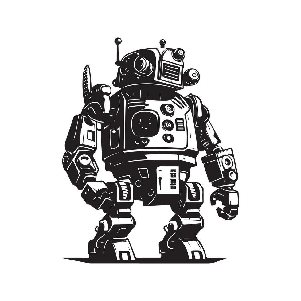 militär robot, årgång logotyp linje konst begrepp svart och vit Färg, hand dragen illustration vektor