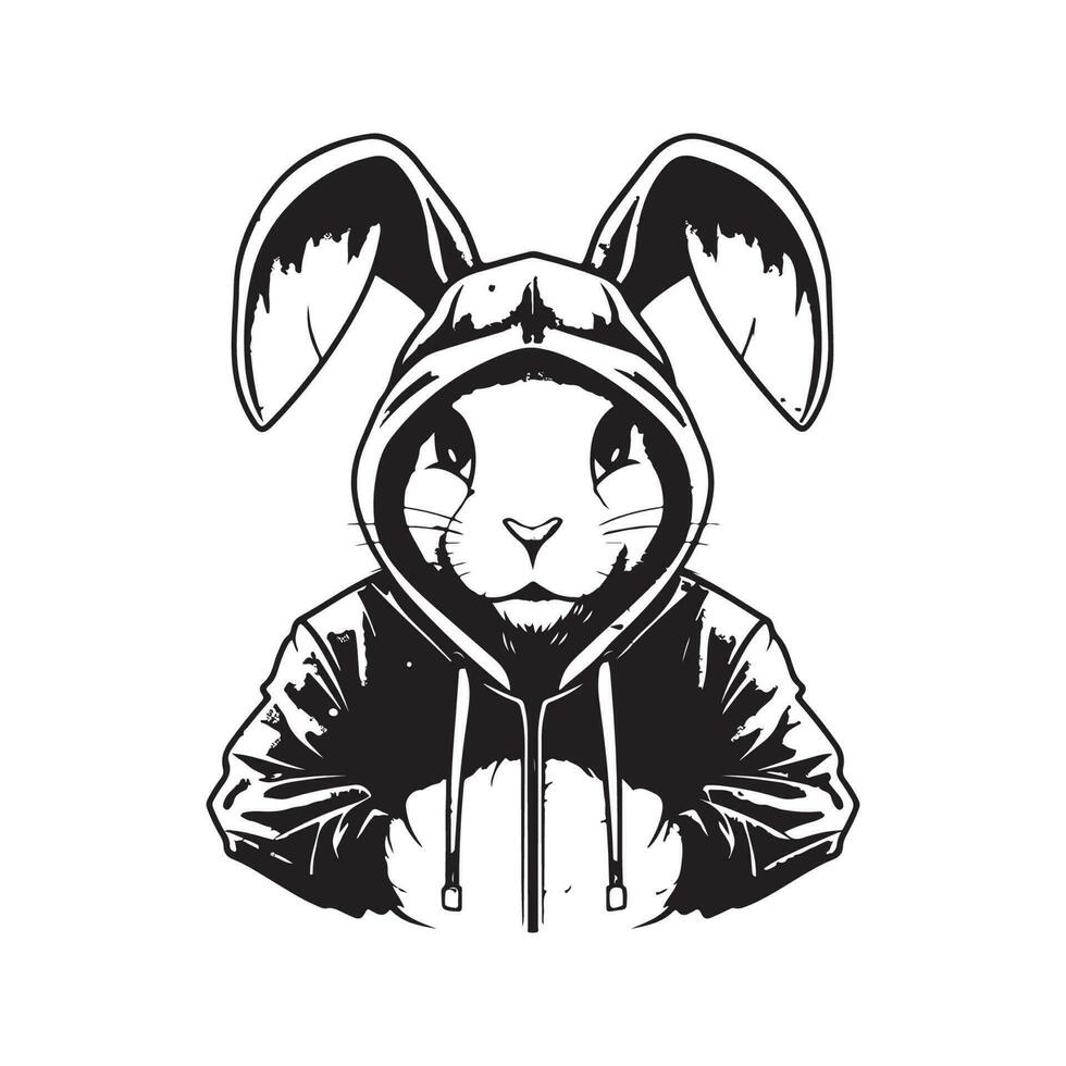 Hase tragen Kapuzenpullover, Jahrgang Logo Linie Kunst Konzept schwarz und Weiß Farbe, Hand gezeichnet Illustration vektor