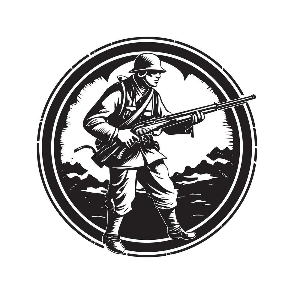 infanterist med vapen, årgång logotyp linje konst begrepp svart och vit Färg, hand dragen illustration vektor