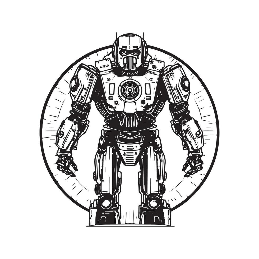 Wissenschaft Fiktion Militär- Roboter Krieger, Jahrgang Logo Linie Kunst Konzept schwarz und Weiß Farbe, Hand gezeichnet Illustration vektor