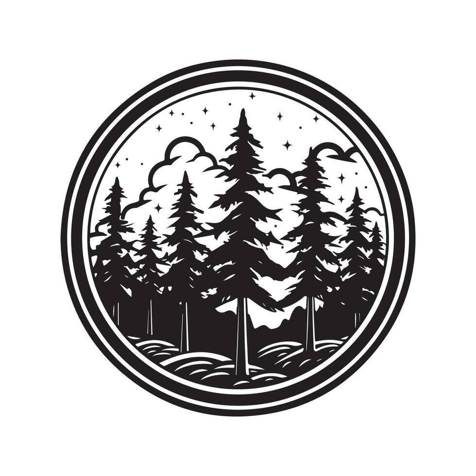 skog, årgång logotyp linje konst begrepp svart och vit Färg, hand dragen illustration vektor