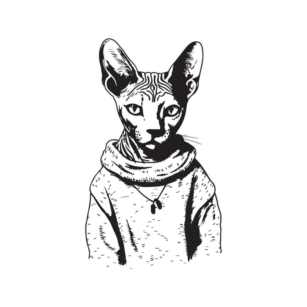 Sphynx Katze tragen Pullover, Jahrgang Logo Linie Kunst Konzept schwarz und Weiß Farbe, Hand gezeichnet Illustration vektor