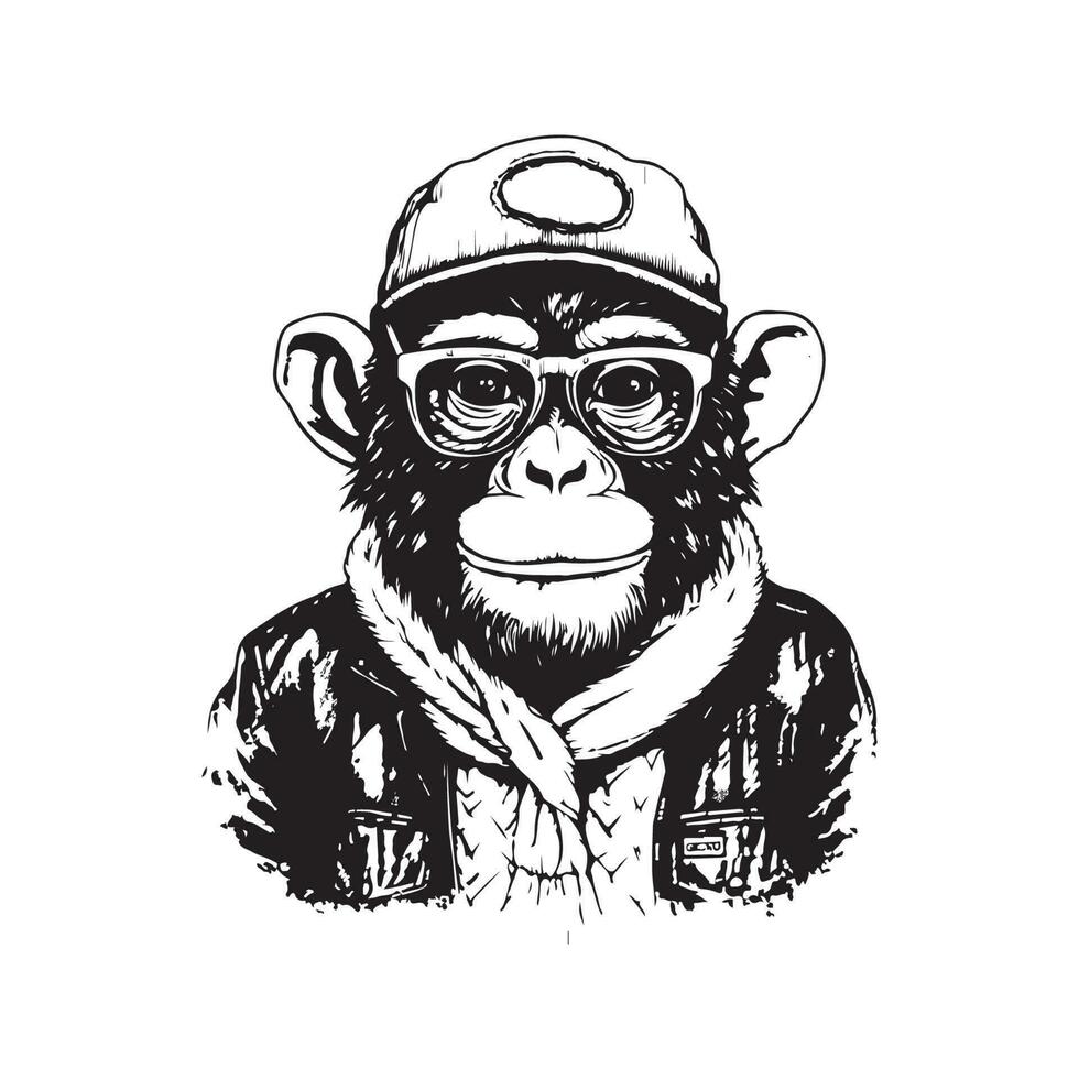 Affe gekleidet oben im zur Seite fahren, Jahrgang Logo Linie Kunst Konzept schwarz und Weiß Farbe, Hand gezeichnet Illustration vektor