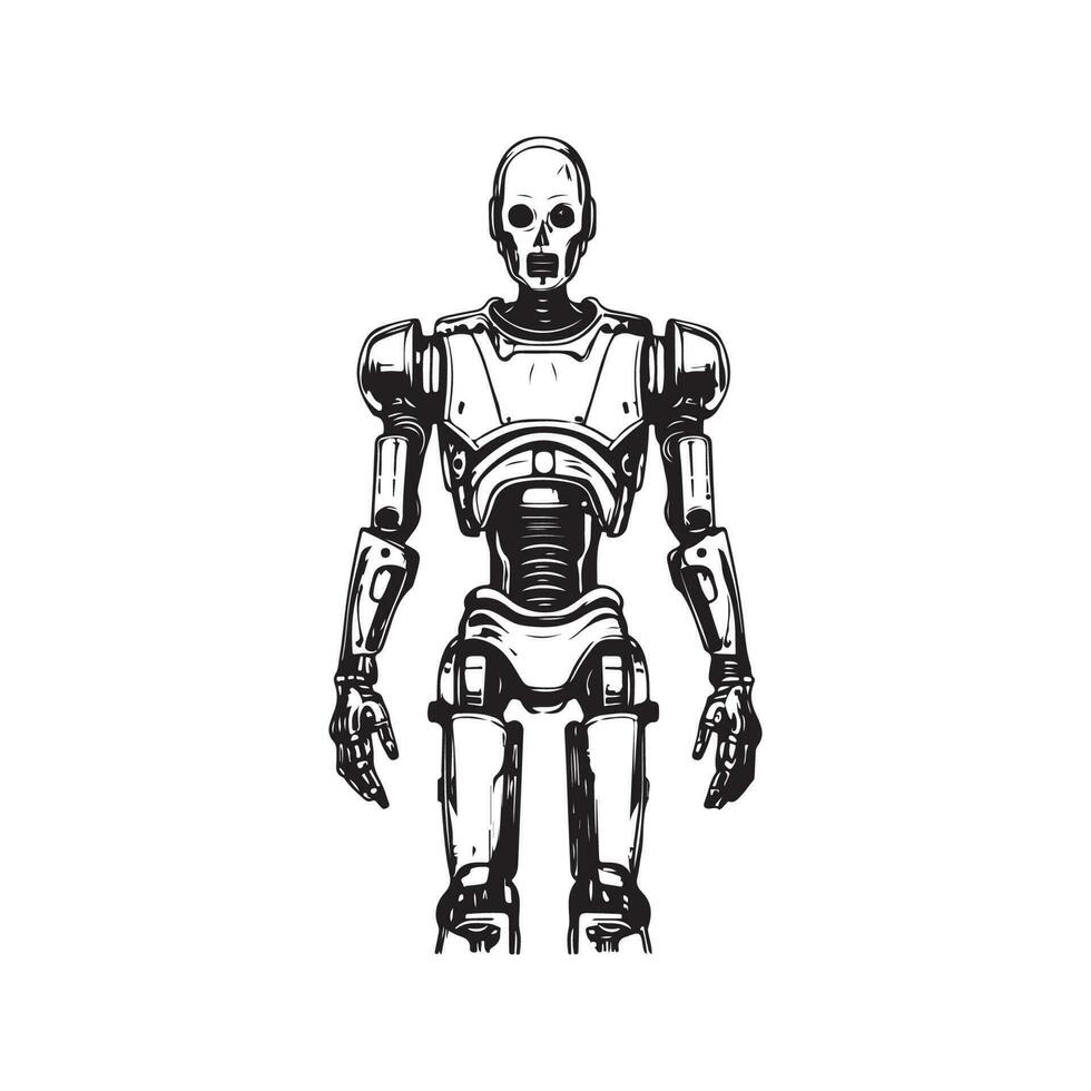 Wissenschaft Fiktion Humanoid Roboter, Jahrgang Logo Linie Kunst Konzept schwarz und Weiß Farbe, Hand gezeichnet Illustration vektor