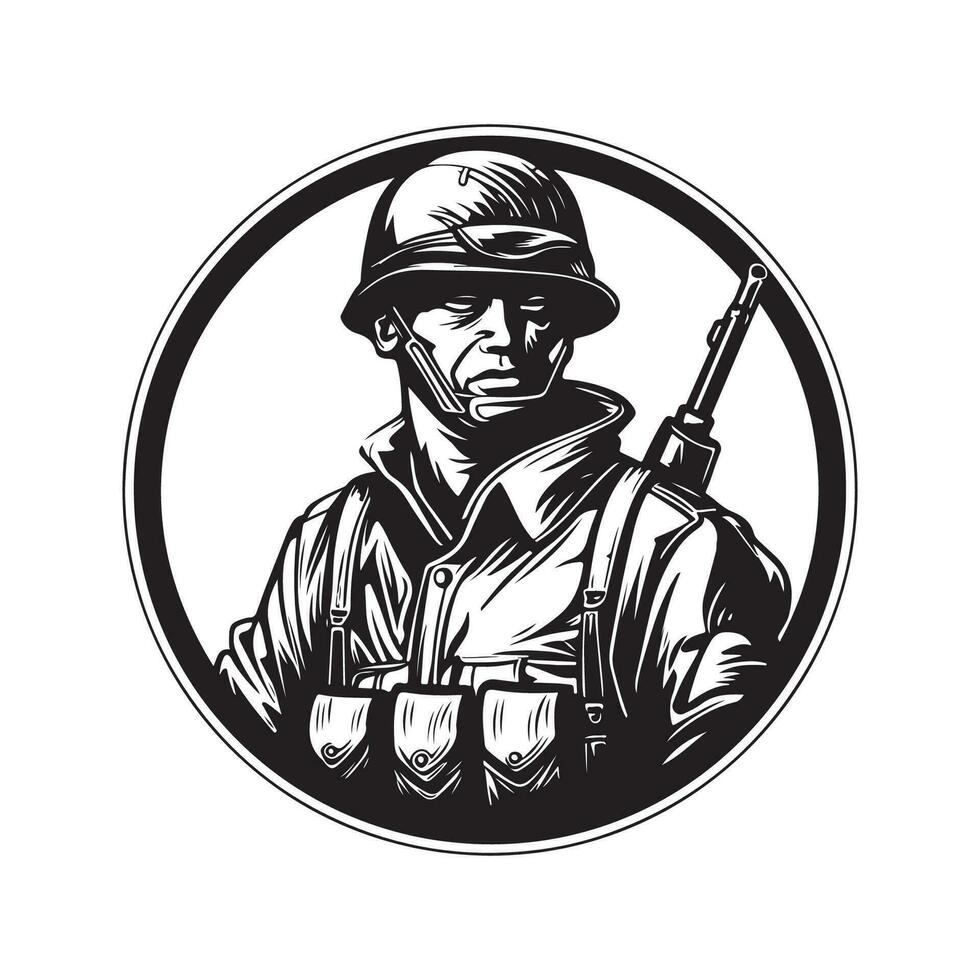 Stahl Soldat, Jahrgang Logo Linie Kunst Konzept schwarz und Weiß Farbe, Hand gezeichnet Illustration vektor