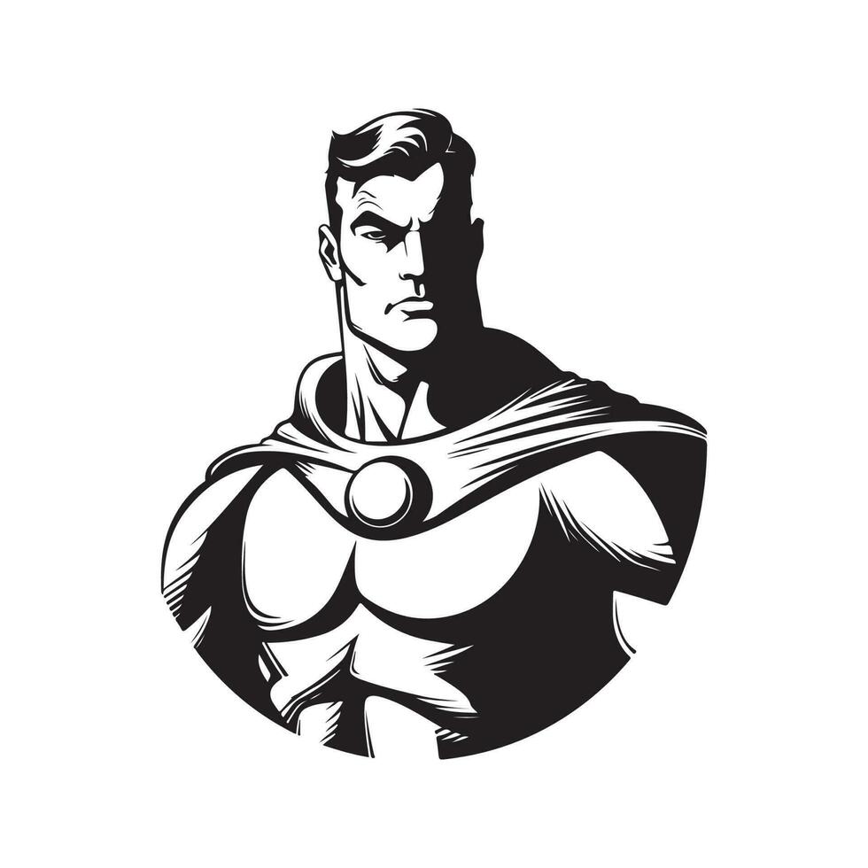 Mann Superheld, Jahrgang Logo Linie Kunst Konzept schwarz und Weiß Farbe, Hand gezeichnet Illustration vektor