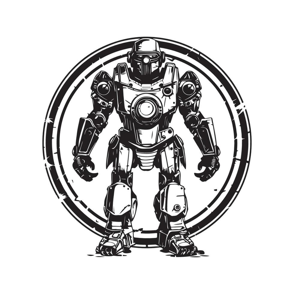 vetenskap fiktion militär robot krigare, årgång logotyp linje konst begrepp svart och vit Färg, hand dragen illustration vektor