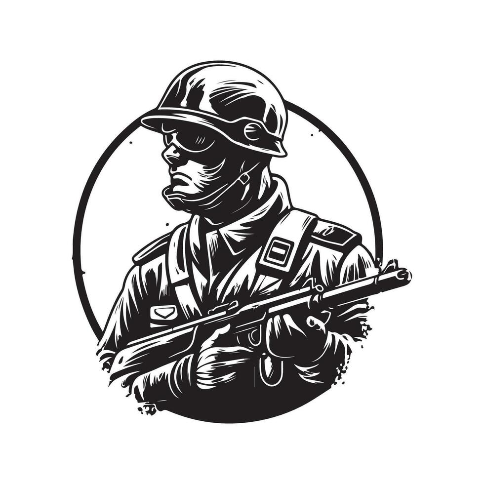 framtida soldat, årgång logotyp linje konst begrepp svart och vit Färg, hand dragen illustration vektor