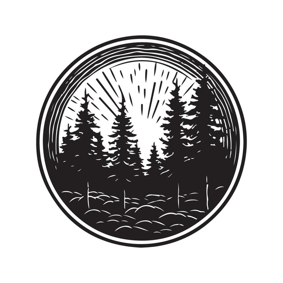 Wald, Jahrgang Logo Linie Kunst Konzept schwarz und Weiß Farbe, Hand gezeichnet Illustration vektor