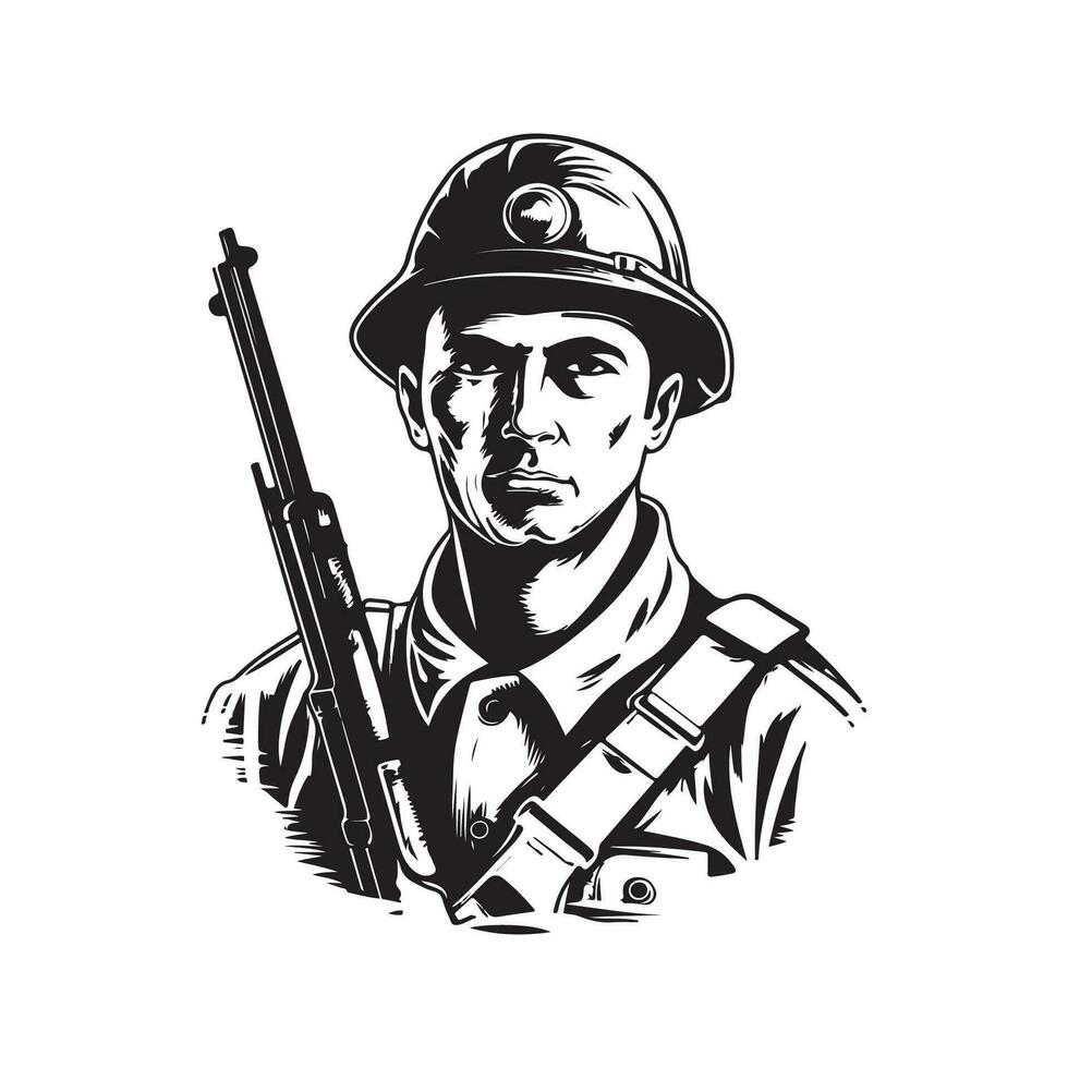 soldat karaktär, årgång logotyp linje konst begrepp svart och vit Färg, hand dragen illustration vektor