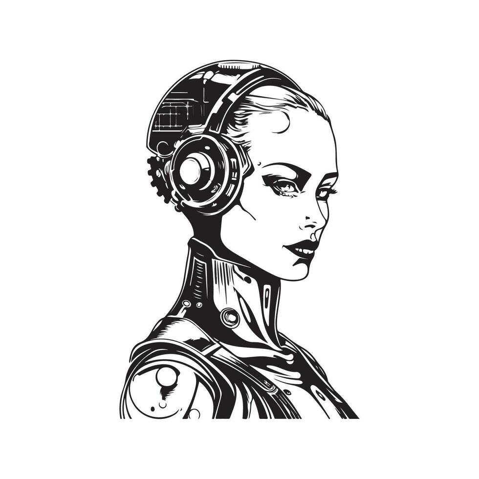 vetenskap fiktion cyborg kvinna, årgång logotyp linje konst begrepp svart och vit Färg, hand dragen illustration vektor