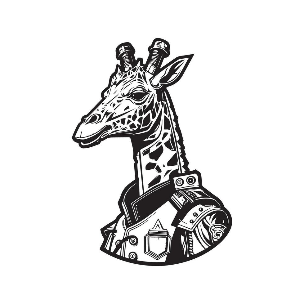 futuristisch Giraffe Soldat, Jahrgang Logo Linie Kunst Konzept schwarz und Weiß Farbe, Hand gezeichnet Illustration vektor