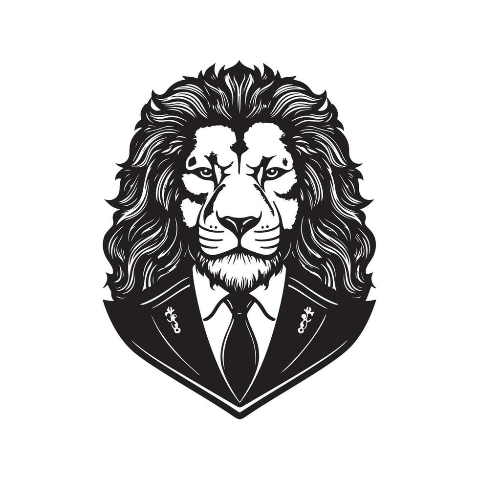 lejon bär kostym, årgång logotyp linje konst begrepp svart och vit Färg, hand dragen illustration vektor
