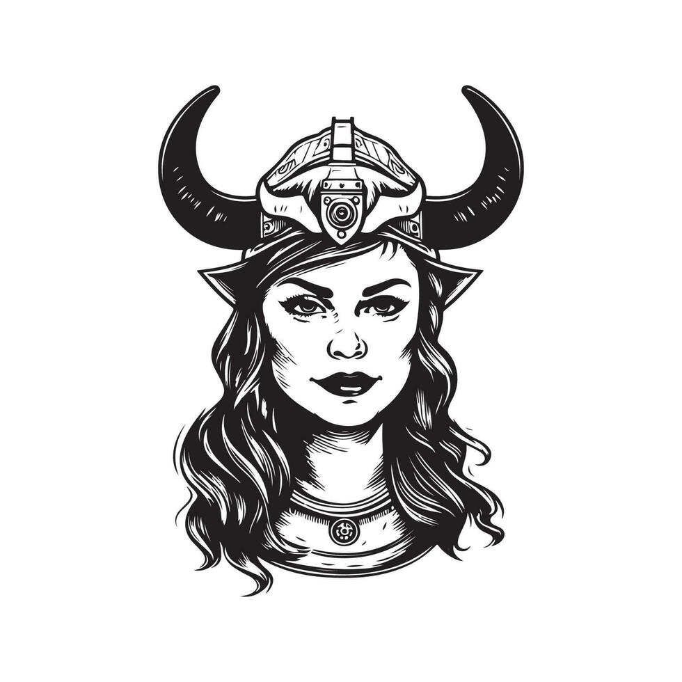 weiblich Wikinger, Jahrgang Logo Linie Kunst Konzept schwarz und Weiß Farbe, Hand gezeichnet Illustration vektor
