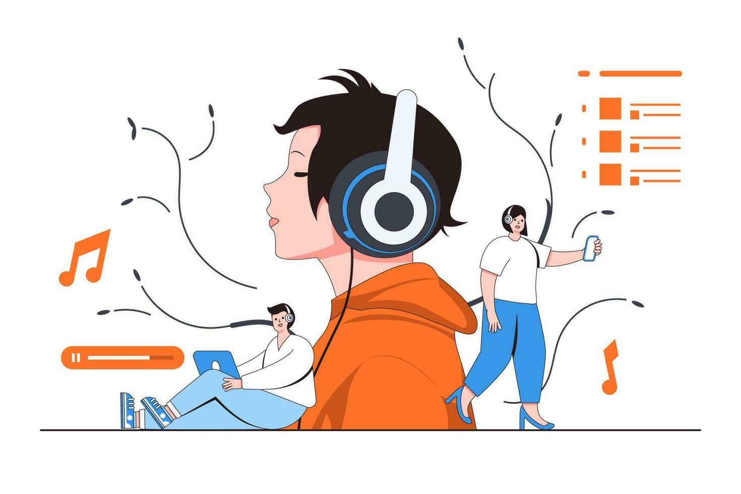 Digital Musik- Streaming Konzept mit Person Hören zu Musik- auf ein online Plattform und Erstellen Playlists vektor