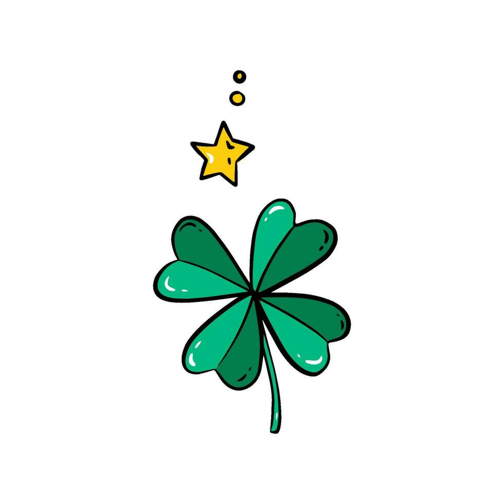 süß Karikatur von ein vier Blatt Kleeblatt. st. Patrick's Tag Illustration isoliert auf Weiß Hintergrund. vektor