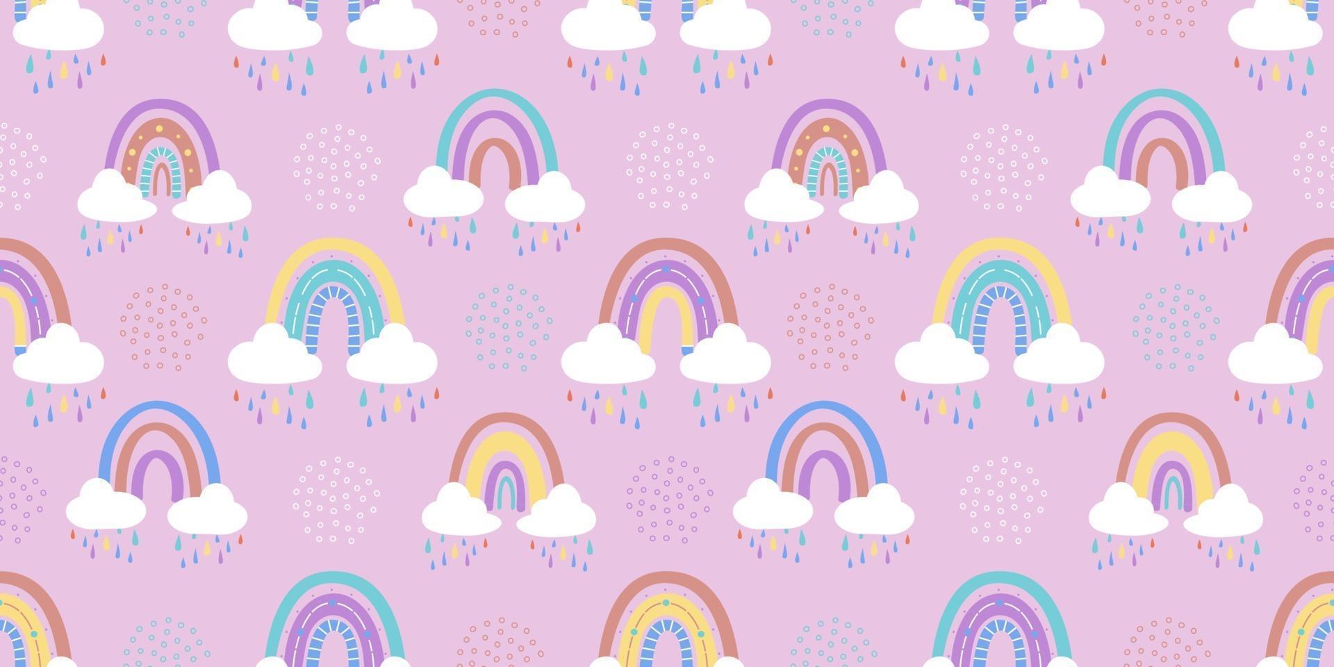abstrakter Regenbogen mit Wolken und Regentropfen, Kritzeleien und Kreisen in einem nahtlosen Muster. Kindermuster in gedeckten Pastellfarben. handgezeichnete Vektorillustration. Design für Textilien, Verpackungen vektor