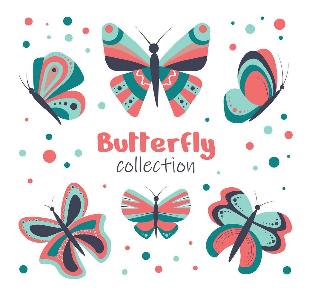 einstellen von bunt Schmetterlinge auf Weiß Hintergrund im eben Stil. Vektor Illustration