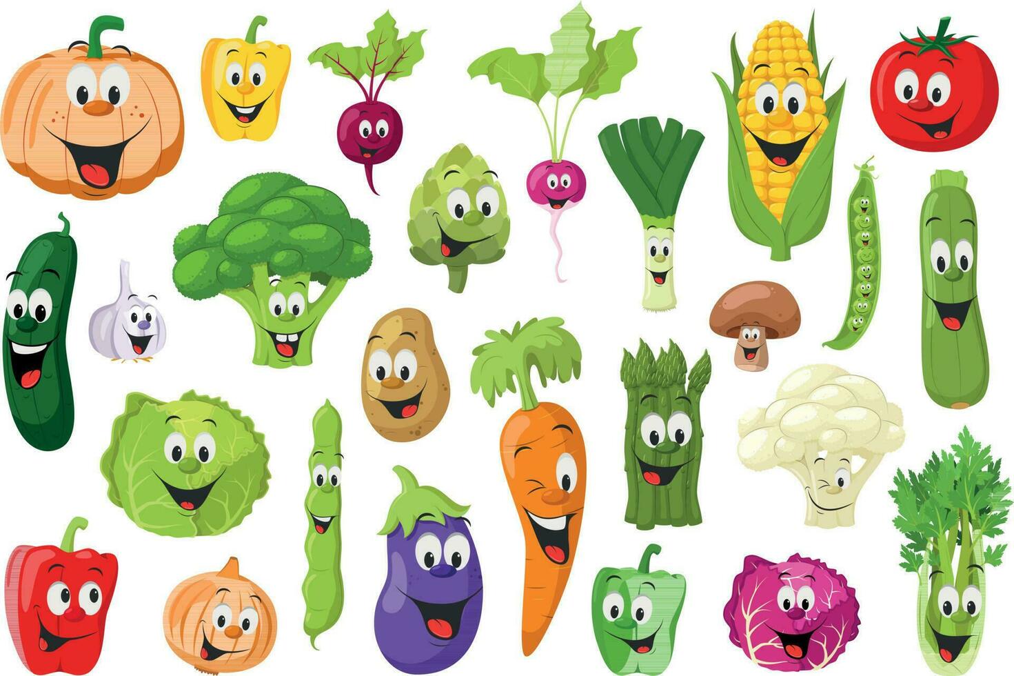 Gemüse Zeichen Sammlung. einstellen von 26 anders Gemüse im Karikatur Stil Vektor Illustration