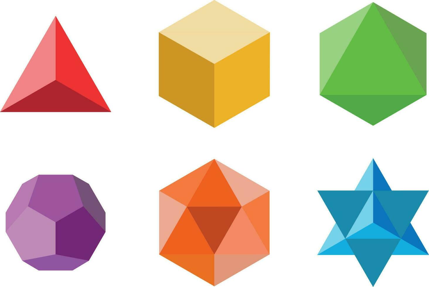 uppsättning av geometrisk element och former. pyramid, kub, oktaeder, dodekaeder, ikosaeder och davids stjärna. helig geometri vektor mönster